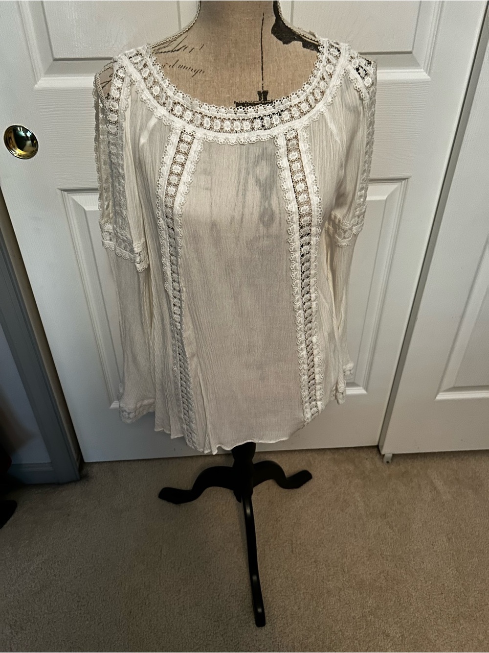 English Factory Cream Crochet-Trim Cold-Shoulder Blouse